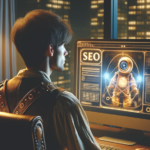 Image of a man at a computer, he is looking at a screen with an automaton and SEO written on the screen. The image is to covey a connection between SEO, AI and the introduction of AI generated results in the SERPs, which is coming to the UK soon.