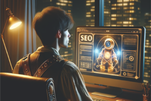 Image of a man at a computer, he is looking at a screen with an automaton and SEO written on the screen. The image is to covey a connection between SEO, AI and the introduction of AI generated results in the SERPs, which is coming to the UK soon.