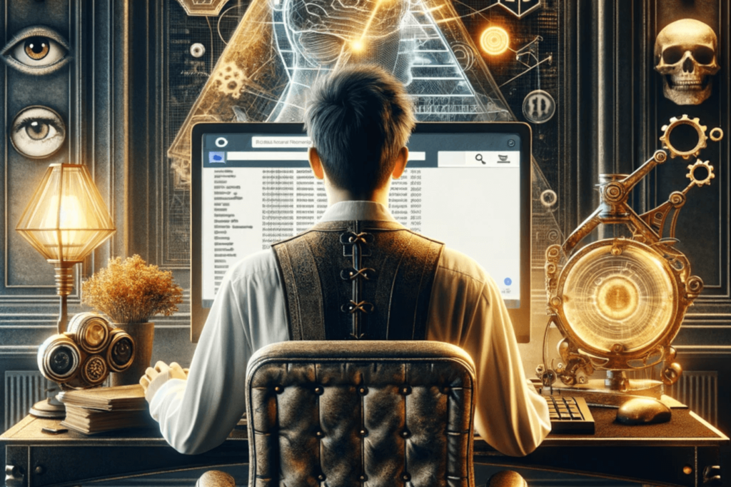 A steampunk style image depicting an SEO expert working at a computer. The image uses images of the human brain to try and impart the connection to psychology.